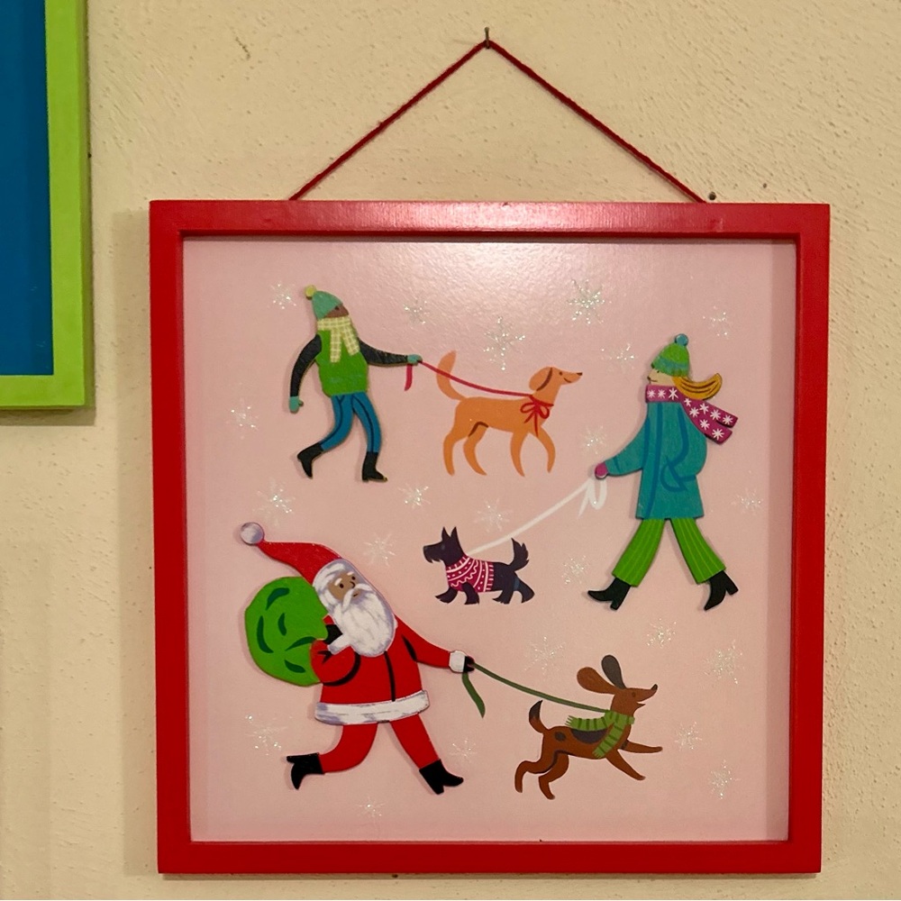 NWT WONDERSHOP DOG WALKING SANTA CHRISTMAS HOLIDAY WALL ART